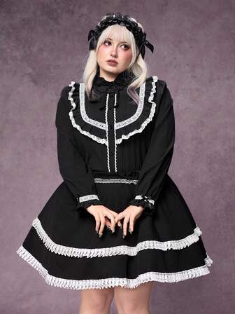 Goth Blusa gotica dal cuore scuro con balze in bianco e nero, camicia dolce e fresca di taglia comoda per le donne