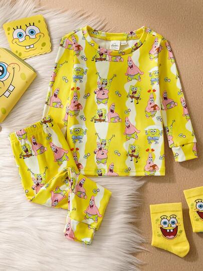 SpongeBob SquarePants | SHEIN Bekvämt pyjamasset för babyflicka med rund halsringning och långärmad t-shirt och leggings, höst