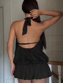 Ronhire Women's Spring And Summer Yellow Solid Color Bestie Party/Cocktail Dress/Back To School Season/Birthday Party/Club Party/Satin Gathered Sexy Big Backless Balloon Bud Skirt Culottes Style Halter Neck Fashion Mini Dress/Yellow Mini Skirt/Concert Wear/Vacation Outfits Woman,Summer Dresses For Women,Yellow Dress,Spring Break Outfits,Tea Party Dress,Rave Outfits Festival