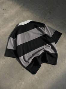 SWAVVY Men's Striped Short Sleeve Casual Commuter Polo Shirt - Black - View 7