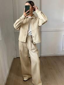 DAZY Completo casual da donna composto da top a manica lunga con colletto e bottoni singoli e pantaloni a gamba ampia plissettati, adatto per l'ufficio e il tempo libero - Cachi - Visualizzare 1