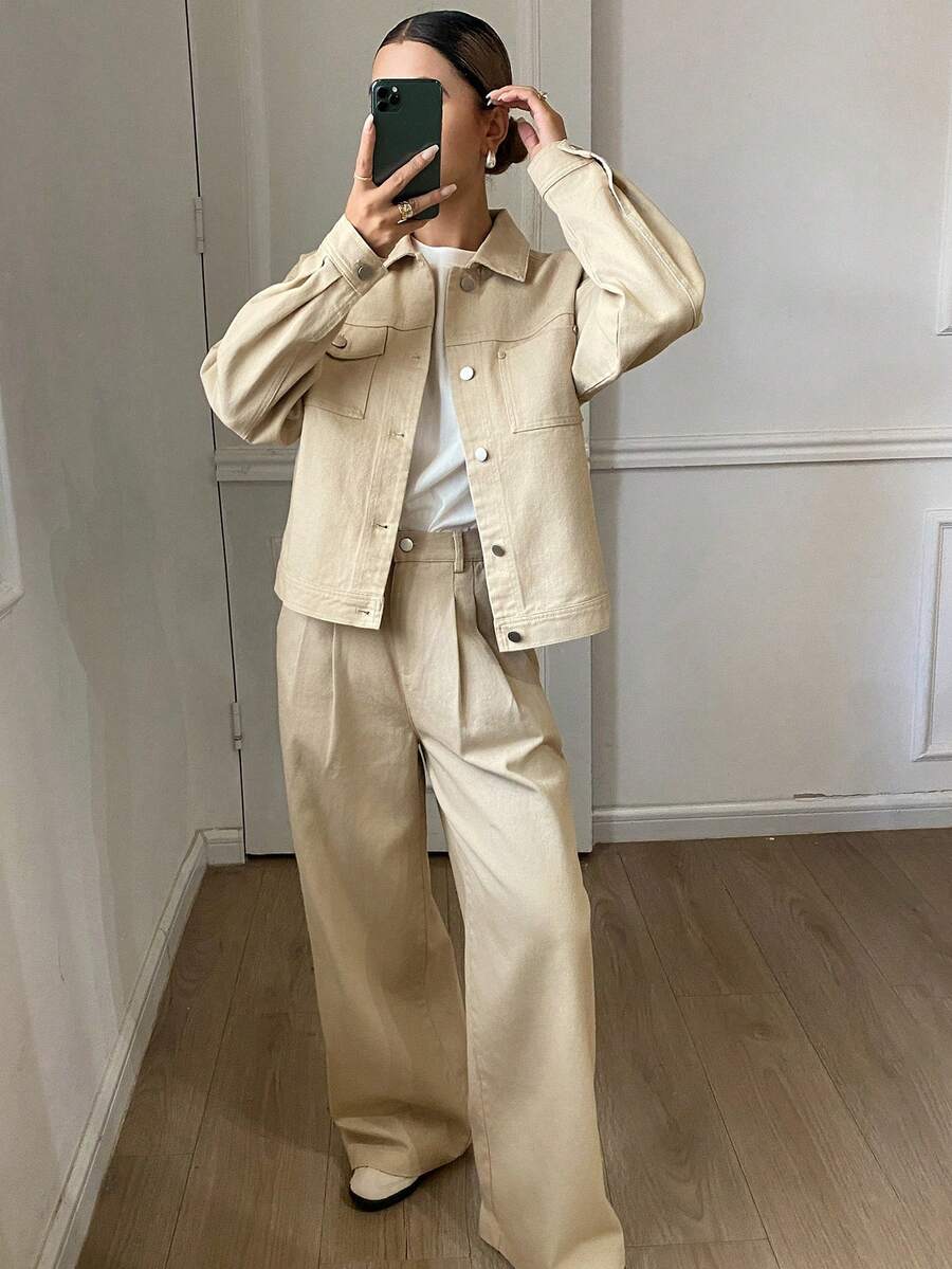 DAZY Completo casual da donna composto da top a manica lunga con colletto e bottoni singoli e pantaloni a gamba ampia plissettati, adatto per l'ufficio e il tempo libero - Cachi - Visualizzare 1