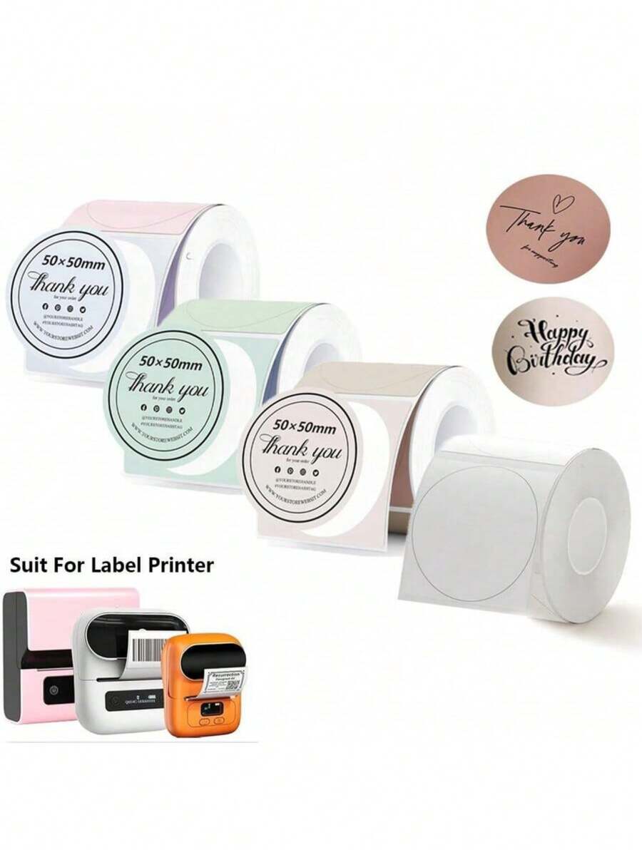 1卷 50mm x 50mm（1.97英寸）圆形白色热敏贴纸，防撕裂，高品质，适用于DIY标签，可用于制作Logo、二维码、地址、包装、收纳、办公、家居、小型企业用品和手工项目 - 彩色 - 查看 1