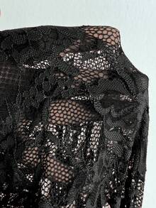 Viva Relle Vestido corto de manga larga con cuello cuadrado, cintura fruncida y tela de encaje elástica, adecuado para fiesta, banquete, vacaciones y citas, para mujeres de talla grande en primavera/otoño - Negro - Ver 6
