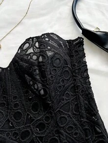 Soleia European & American Style Sexy Avant-Garde Lace Double-Layer Corset Bustier, Fishbone Contoured, Hollow Embroidered Bodysuit, Black