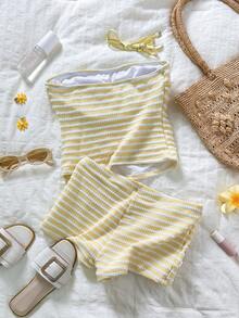 Swim Vcay 女士沙滩装格子黄条纹钩编面料可爱海星图案运动短裤泳裤比基尼套装，适合女士情人节新年派对度假春夏泳装