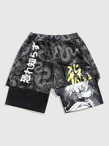 ROMWE MEN Anime Men's Gothic Print Shorts, Suitable For Everyday Wear, Spring/Summer - Black - View 3