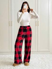 SHEIN Tall Women's Tie-Waist Fluffy Plaid Print Casual Wide Leg Baggy Pants,New Year's For Women Red Plaid Pants - Multicolor - View 5