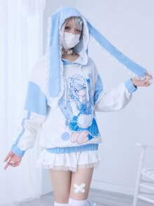ROMWE EDITION Women's Cute Anime Girl Sweatshirt With Contrast Color Patchwork, Lace Rabbit Ear Decor And Graphic Print, Kawaii School Style - Blue - View 9