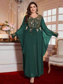 Al Najma 加大码新款花卉刺绣优雅奢华女士睡袍 - 墨綠色 - 查看 7