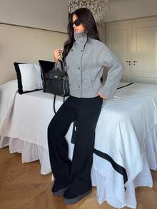 Ronhire 女纯色落肩长袖双排扣休闲大衣女双扣休闲羊毛混纺外套秋冬高腰宽袖外套 - 灰色 - 查看 4