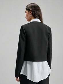 Ontre 2026春夏新款女士梭织面料西装外套，H型设计，长袖，黑色，宽松版型，适合情人节、婚礼季、独立日、都市时尚、通勤简约风等场合。 - 黑色 - 查看 4