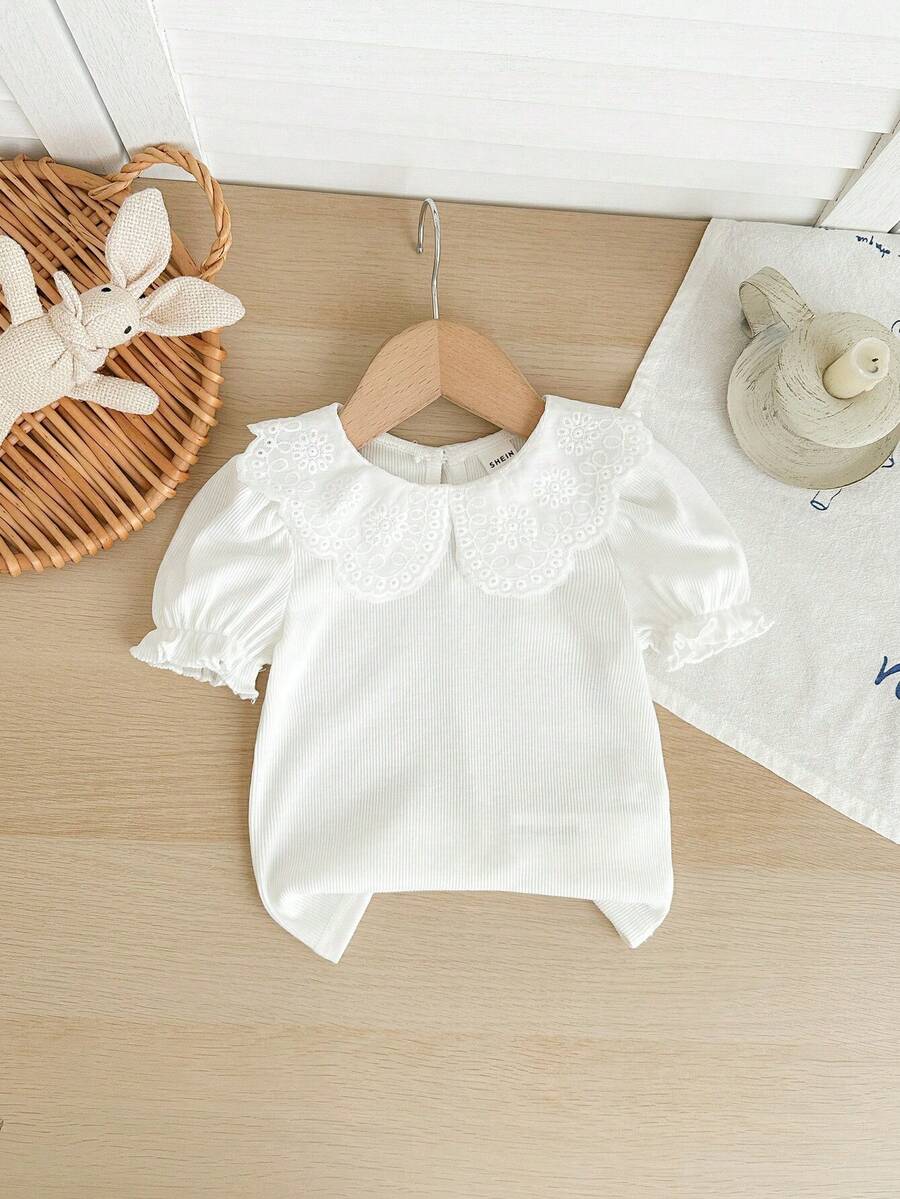 Baby Girls Cute Casual Versatile Preppy Style White Puff Collar Blouse, Summer