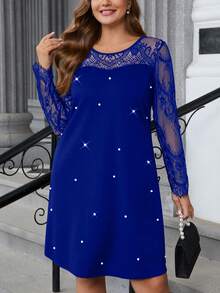 SHEIN Clasi 大码女式撞色蕾丝仿珍珠细节圆领长袖直筒优雅职业连衣裙商务休闲女装 - 寶藍色 - 查看 7