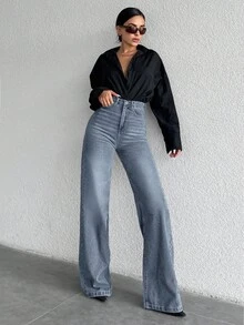 EURMUSE 100%Cotton High Waist Wide Leg Jeans, Tall Women - Light Wash - View 5