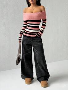 Flirla Women's Contrast Stripe Off-Shoulder Sweater - Rose Red - View 3