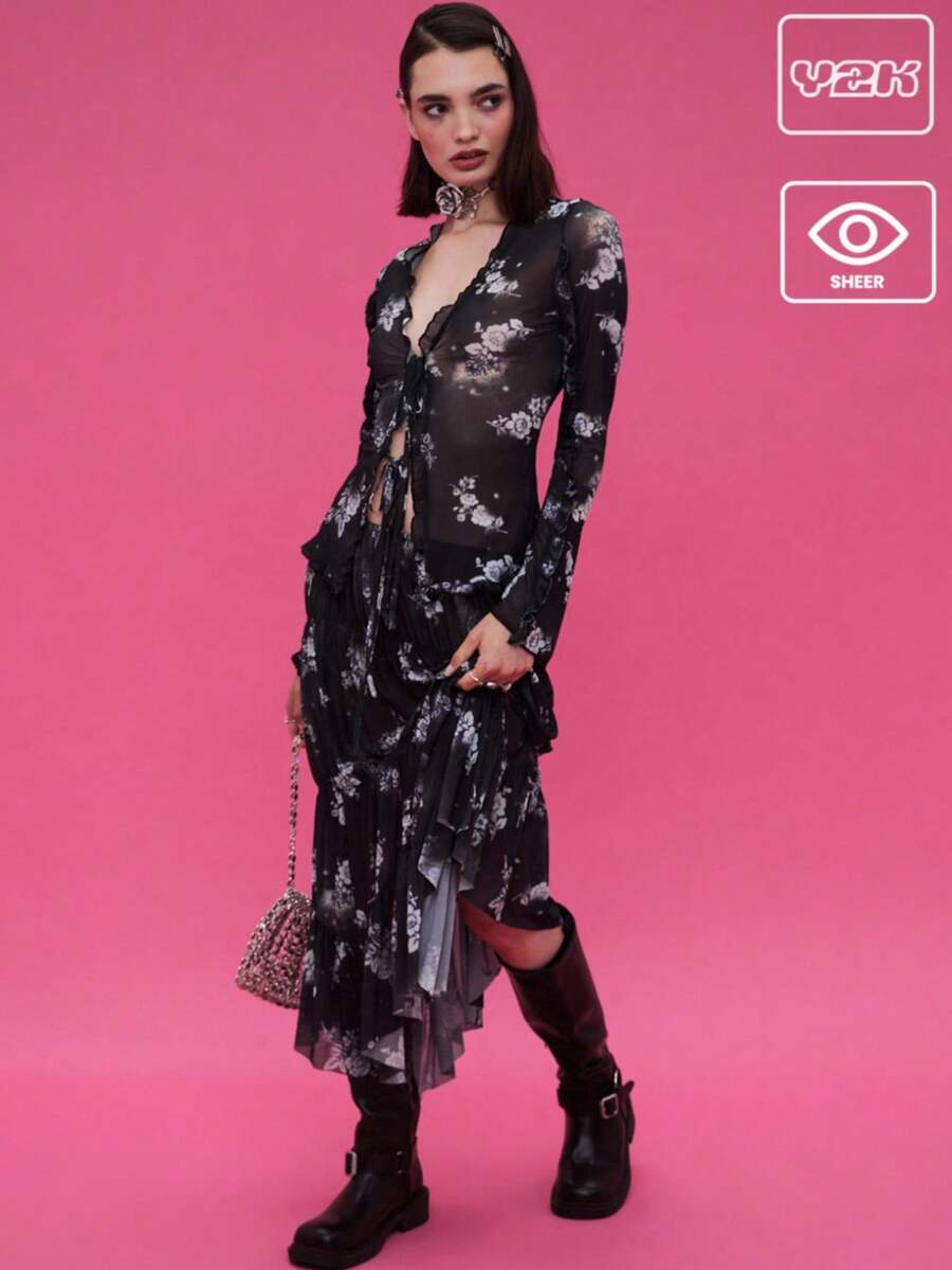 COUREZ 花卉印花长袖薄纱荷叶边上衣 / Y2K 春季外出哥特俱乐部性感 - 黑色 - 查看 1