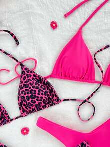 Swim Mod Beach Summer Outfits For Women:5pcs/Set Leopard Print & Black Spaghetti Strap High Cut Bikini Set Sets - Multicolor - View 5