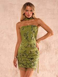 SHEIN Glamour 女士修身亮片装饰流苏抹胸迷你连衣裙 - 綠色 - 查看 4
