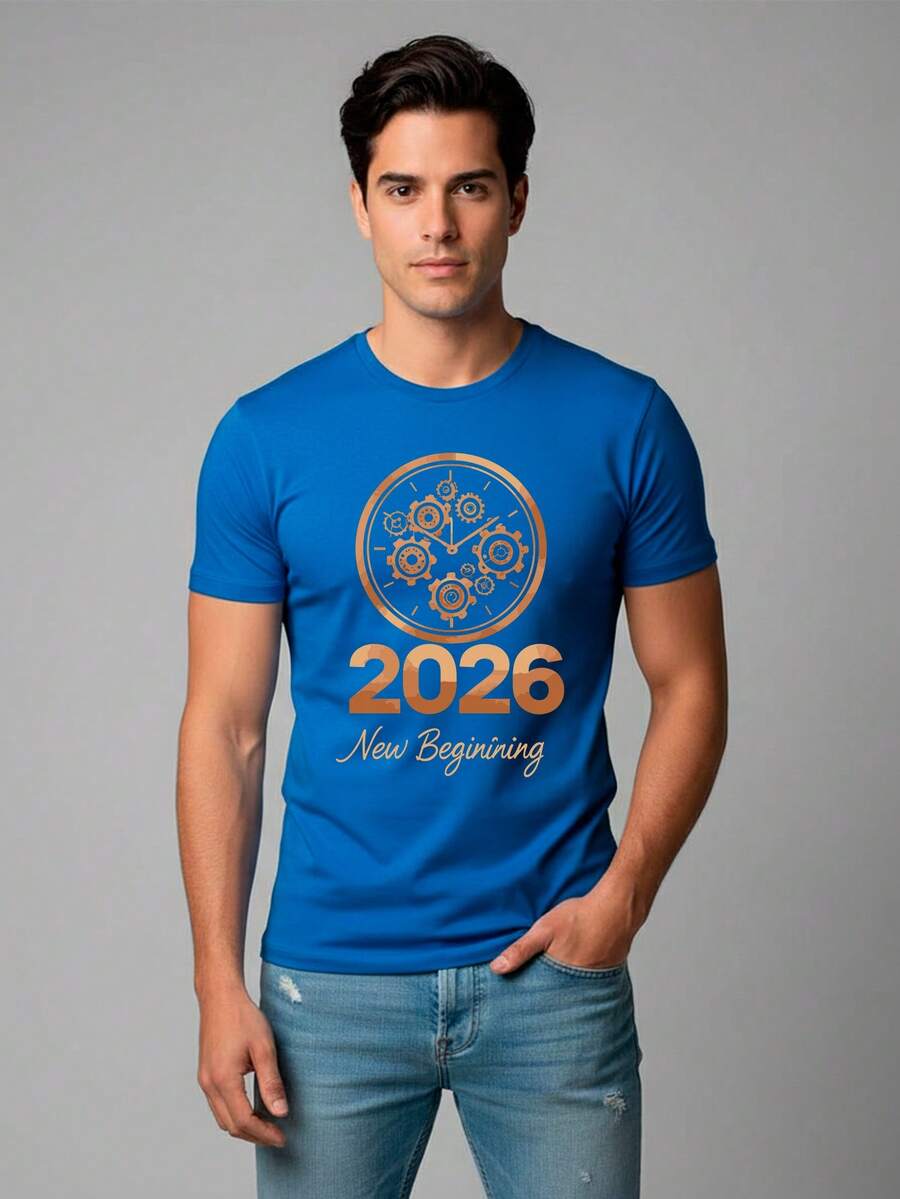 Shendy Vendy Men's 100% Cotton T-Shirt With Round Neck And Short Sleeves, Ideal For The Holiday Season And New Year's Celebrations 2025 2026 - 寶藍色 - 查看 1