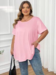 SHEIN CURVE+ Áo thun tay ngắn màu trơn cỡ lớn, thường ngày, mùa hè - Hồng - Xem 6