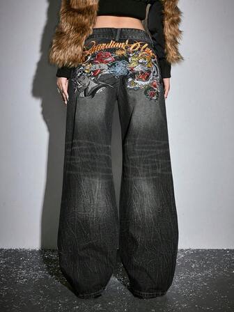 J-Fashion Jeans da donna in stile cinese retrò con ricamo in inglese della figura della geisha e della testa di tigre, vita bassa, adatti per l'autunno/inverno