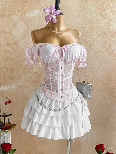 Soleia New Casual Vacation Western Beach Wedding Guest Attire Graduation Brunch St. Patrick's Day Spring Break Easter Music Festival Elegant Boho Tropical Romantic Lace Patchwork Tie Waist Puff Sleeve Backless Strap Women Blouse,Pink Top