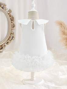 SHEIN Baby Girls' Cute Layered Ruffle Collar Sleeveless Mesh Dress With Bow Tie, Comfortable & Soft, Elegant For Spring/Summer Outings And Gifts, Suitable For 6 Months - 3 Years Old - White - View 10