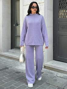 SHEIN Tall Solid Mock Neck Casual Drop Shoulder Sweater & Knit Pants - Lilac Purple - View 3