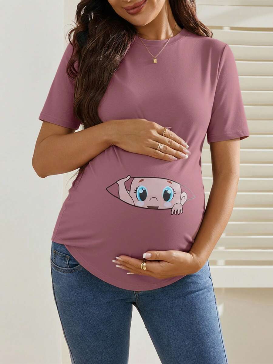 SHEIN Camiseta de manga corta con cuello redondo, estampado de dibujos animados lindo y casual para maternidad, verano - Rosa - Ver 1