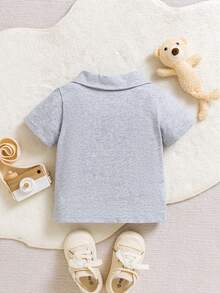 SHEIN 男婴休闲小熊印花短袖Polo衫，夏季 - 淺灰色 - 查看 2