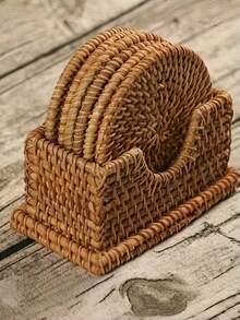 6pcs Handmade Rattan Coaster Set - Autumn Vine Design, Heat-Resistant Pot Mats For Kitchen & Dining, Wooden Storage Tea Accessories Valentine's Day, Valentines Wedding, Birthday - Brown - View 13