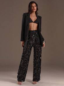 Glamine 高腰亮片宽腿黑色长裤，适合节日派对服装、成人服装、女士优雅服装、约会之夜阔腿裤、高级亮片女裤， - 黑色 - 查看 3
