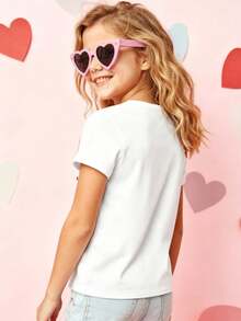 Niña camiseta casual diseño LOVE corazón estampado tridimensional tejido suave ajuste regular primavera verano uso diario T‑shirt - Blanco - Ver 3