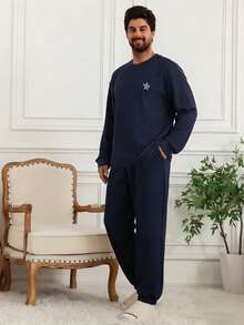 DAZY Navy Blue Patterned Print Elastic Waist Drawstring Men's Loungewear Set, Autumn - Navy Blue - View 5