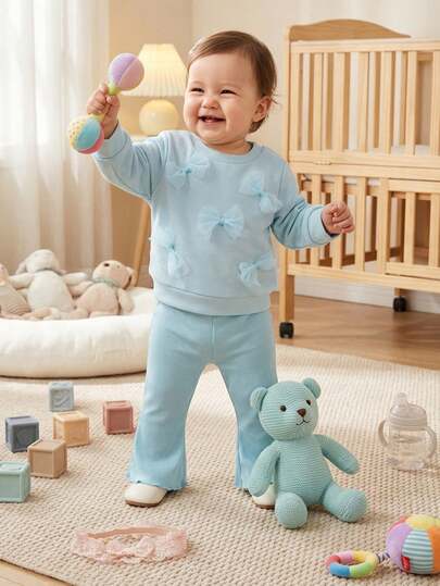 Souflis Souflis 2pcs Infant Girl Summer Fashionable Simple & Cute Brown Long Sleeve Round Neck Hoodie With Black Bow Decor, Paired With Black Bell-Bottom Pants Set, Suitable For Daily Wear & Photography