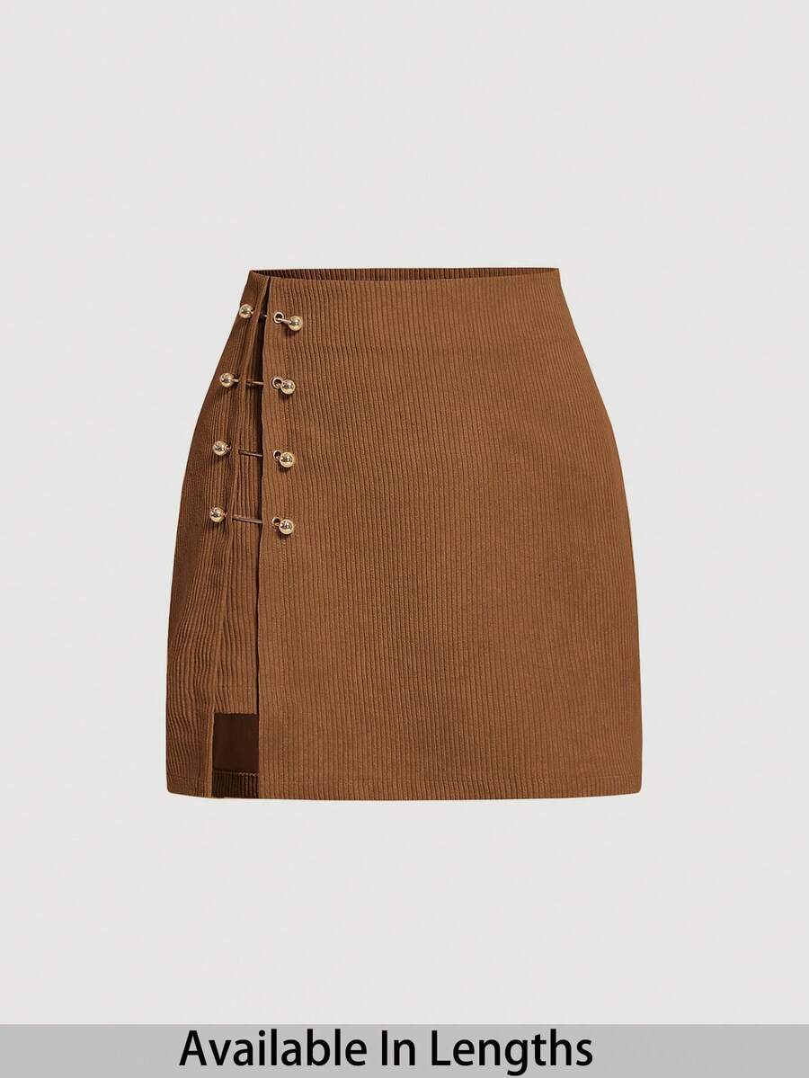 SHEIN PETITE CURVE Plus Size Solid Color Studded Decorated Fitted Skirt - Brown - View 1