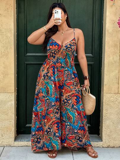 Ceyna Plus Size Sleeveless Loose Jumpsuit With Cinched Waist, Casual Vacation Style