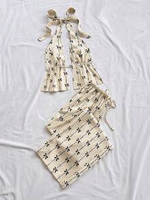 Soleia Spring/Summer New Casual Vacation Western Beach Wedding Guest Attire Graduation Brunch Women's Outfit, St. Patrick's Day Spring Break Easter Music Festival Elegant Bohemian Tropical Backless Halter Bow Print 2-Piece Set In Apricot - Multicolor - View 3