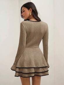 COSMINA 女士休闲拼接滚边层叠下摆复古优雅连衣裙，秋冬季针织连衣裙，毛衣连衣裙，修身A字连衣裙，长袖连衣裙，法式风格连衣裙 - 卡其色 - 查看 6