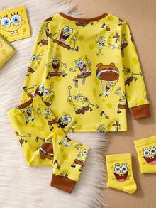 SpongeBob SquarePants | SHEIN Set de pijama de 2 piezas con top de manga larga de cuello redondo y leggings de estilo casual para bebé niño - Amarillo - Ver 2
