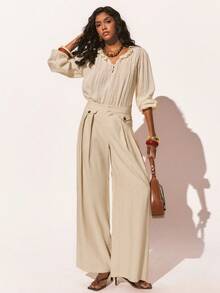 Poéselle Pantalones anchos de cintura alta con pliegues para mujer, pantalones palazzo de corte elegante en un suave beige neutro, pantalones anchos con pliegues, pantalones palazzo de cintura alta, pantalones de trabajo beige, pantalones de mezcla de lino, armario cápsula minimalista, estética neutra, estilo de oficina elegante pantalones anchos de unicolor casual - Albaricoque - Ver 3