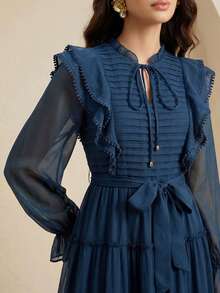 Anewsta Elaire Elegant Floral Lace Layered Ruffle Hem Dress For Women, Suitable For Fall, Winter, Spring, New Year, Party, Wedding, Chic, Stylish, Formal, Work, Thanksgiving, Graduation, Christmas, Festival - Navy Blue - View 6