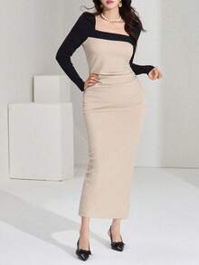 DAZY 女士撞色方领长袖修身中长连衣裙 - 黑與白 - 查看 5