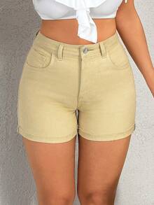 EURMUSE Women's Summer Casual Solid Color High Waist Slant Pocket Skinny Denim Shorts - Beige - View 5