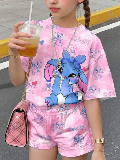 2pcs/Set Cute Cartoon Blue Rabbit Stitch Pattern & Tie-Dye Pink Ocean Tween Girl Casual Round Neck Short Sleeve T-Shirt And Shorts Set, Suitable For Summer