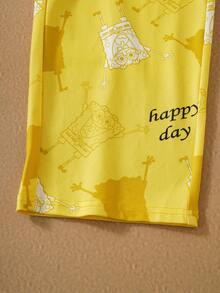 SpongeBob SquarePants | SHEIN Young Girl 2sets Comfortable Soft Contrast Cartoon Pattern Long Sleeve T-Shirt And Pants Pajama Set - Multicolor - View 4