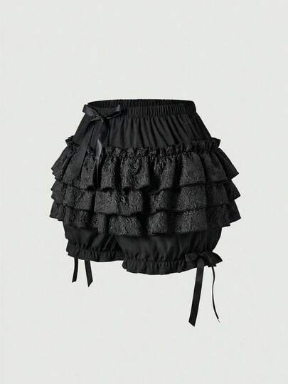 Goth Pantalones cortos de satén con estampado floral, volantes y lazo decorativo para mujer de talla grande con estética oscura