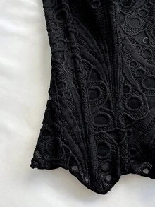 Soleia European & American Style Sexy Avant-Garde Lace Double-Layer Corset Bustier, Fishbone Contoured, Hollow Embroidered Bodysuit, Black