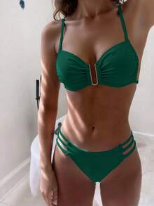 Swim Chiccia Women's Solid Color Ruched Sexy Bikini Swimsuit Set, U-Shaped Wire - Dark Green - View 1